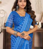 royal blue lilen print 1 minute ready to wear saree with unstitched blouse piece