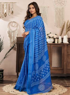 royal blue lilen print 1 minute ready to wear saree with unstitched blouse piece 2