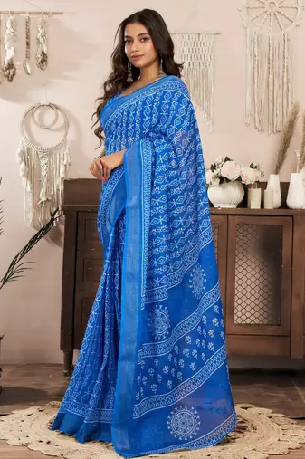 royal blue lilen print 1 minute ready to wear saree with unstitched blouse piece