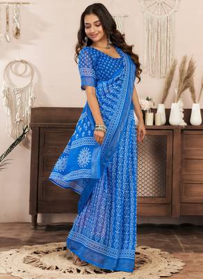 royal blue lilen print 1 minute ready to wear saree with unstitched blouse piece 3
