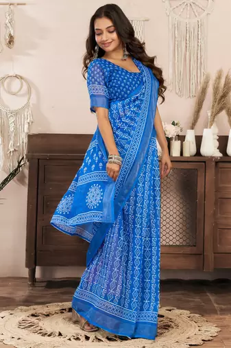 royal blue lilen print 1 minute ready to wear saree with unstitched blouse piece