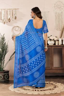 royal blue lilen print 1 minute ready to wear saree with unstitched blouse piece 4
