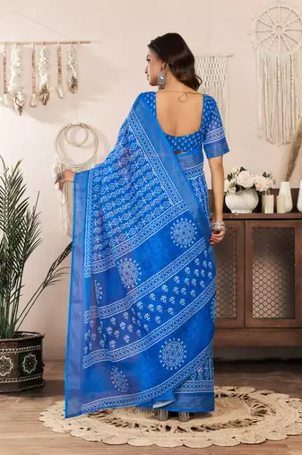 royal blue lilen print 1 minute ready to wear saree with unstitched blouse piece
