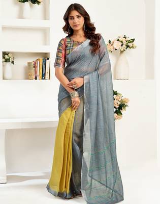 grey yellow lilen print 1 minute ready to wear saree with unstitched blouse piece 2