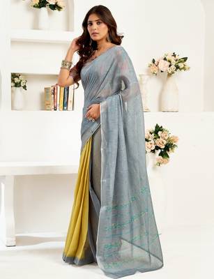 grey yellow lilen print 1 minute ready to wear saree with unstitched blouse piece 3