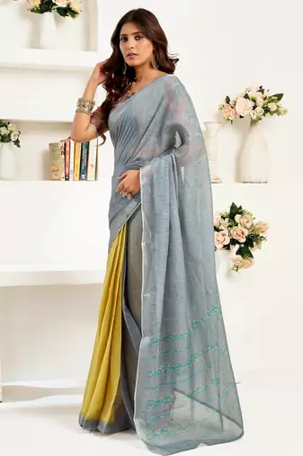grey yellow lilen print 1 minute ready to wear saree with unstitched blouse piece
