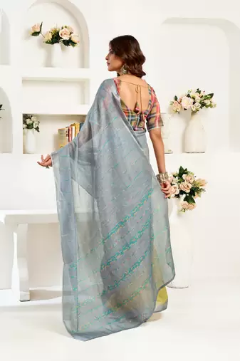 grey yellow lilen print 1 minute ready to wear saree with unstitched blouse piece