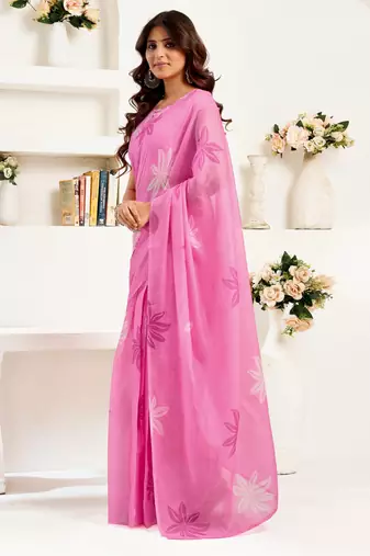 baby pink lilen print 1 minute ready to wear saree with unstitched blouse piece
