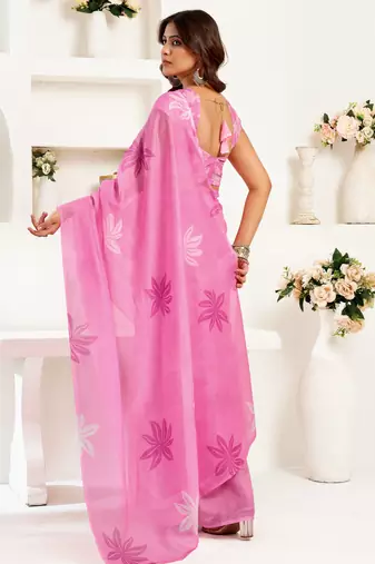 baby pink lilen print 1 minute ready to wear saree with unstitched blouse piece