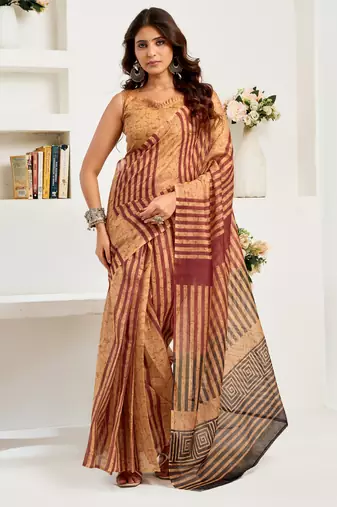cream brown lilen print 1 minute ready to wear saree with unstitched blouse piece