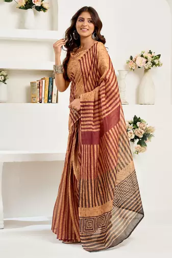cream brown lilen print 1 minute ready to wear saree with unstitched blouse piece