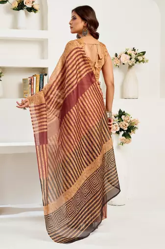 cream brown lilen print 1 minute ready to wear saree with unstitched blouse piece