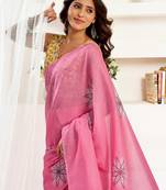 pink yellow lilen print 1 minute ready to wear saree with unstitched blouse piece