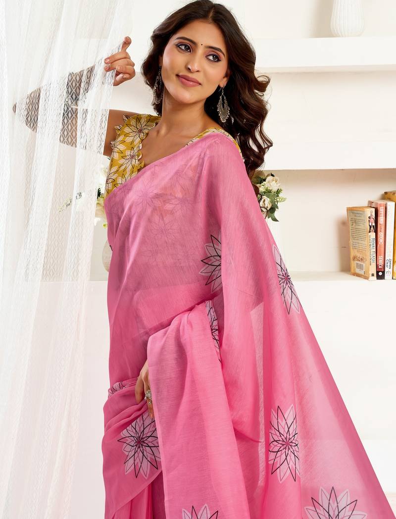 pink yellow lilen print work designer party wear festive 1 minute ready to wear saree with unstitched blouse piece