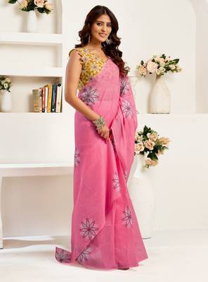 pink yellow lilen print 1 minute ready to wear saree with unstitched blouse piece 2