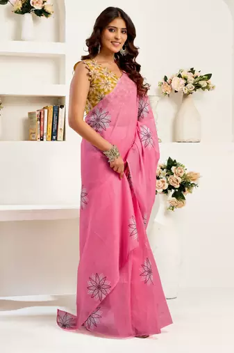 pink yellow lilen print 1 minute ready to wear saree with unstitched blouse piece