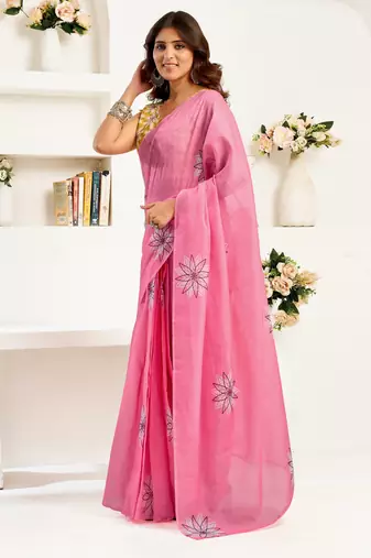 pink yellow lilen print 1 minute ready to wear saree with unstitched blouse piece