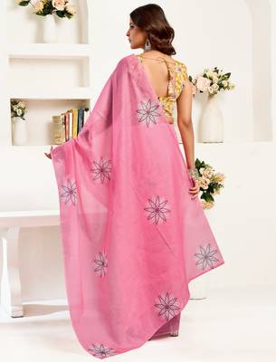 pink yellow lilen print 1 minute ready to wear saree with unstitched blouse piece 4