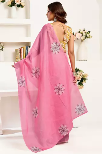 pink yellow lilen print 1 minute ready to wear saree with unstitched blouse piece