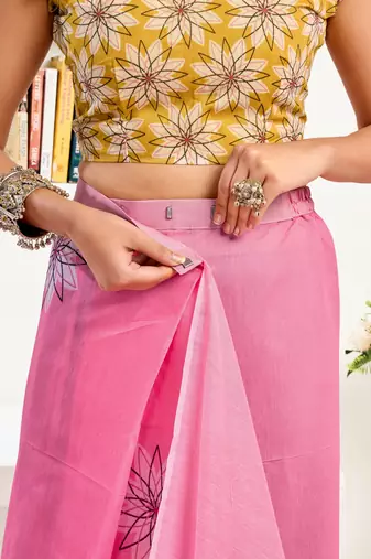 pink yellow lilen print 1 minute ready to wear saree with unstitched blouse piece