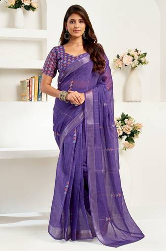 deep purple lilen print 1 minute ready to wear saree with unstitched blouse piece