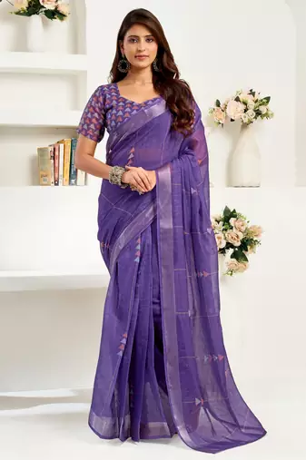 deep purple lilen print 1 minute ready to wear saree with unstitched blouse piece