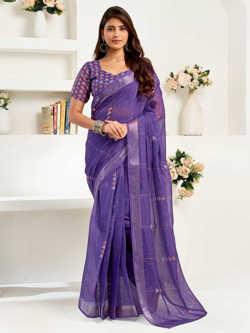 deep purple lilen print work designer party wear festive 1 minute ready to wear saree with unstitched blouse piece