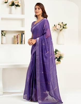 deep purple lilen print 1 minute ready to wear saree with unstitched blouse piece 3