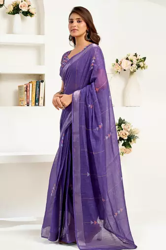 deep purple lilen print 1 minute ready to wear saree with unstitched blouse piece
