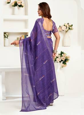 deep purple lilen print 1 minute ready to wear saree with unstitched blouse piece 4