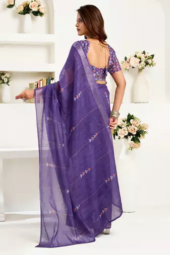 deep purple lilen print 1 minute ready to wear saree with unstitched blouse piece