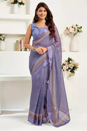 Light yellow lilen print 1 minute ready to wear saree with unstitched blouse piece