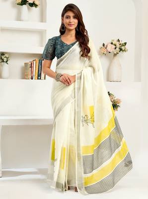 white lilen print 1 minute ready to wear saree with unstitched blouse piece 1