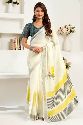 white lilen print 1 minute ready to wear saree with unstitched blouse piece