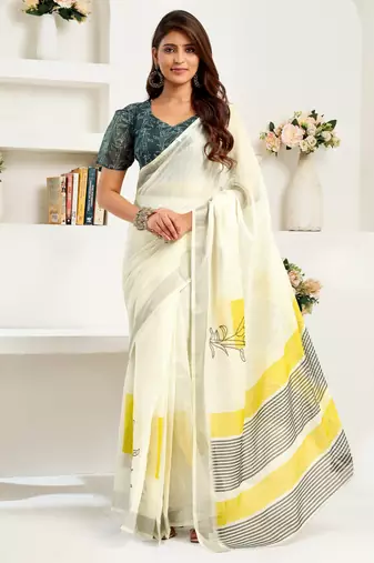 white lilen print work designer party wear festive 1 minute ready to wear saree with unstitched blouse piece