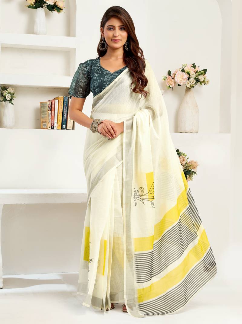 white lilen print work designer party wear festive 1 minute ready to wear saree with unstitched blouse piece