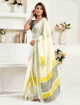 white lilen print 1 minute ready to wear saree with unstitched blouse piece 2