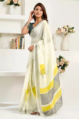 white lilen print 1 minute ready to wear saree with unstitched blouse piece