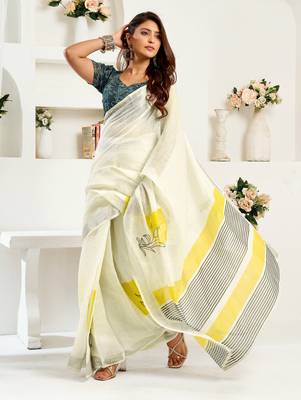 white lilen print 1 minute ready to wear saree with unstitched blouse piece 3