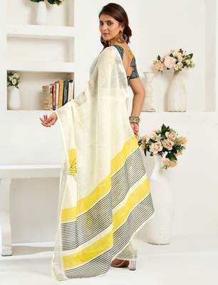 white lilen print 1 minute ready to wear saree with unstitched blouse piece 4