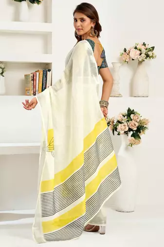 white lilen print 1 minute ready to wear saree with unstitched blouse piece