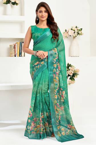 teal green lilen print 1 minute ready to wear saree with unstitched blouse piece