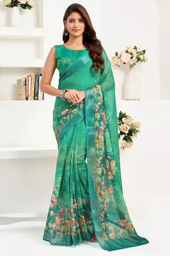 teal green lilen print 1 minute ready to wear saree with unstitched blouse piece