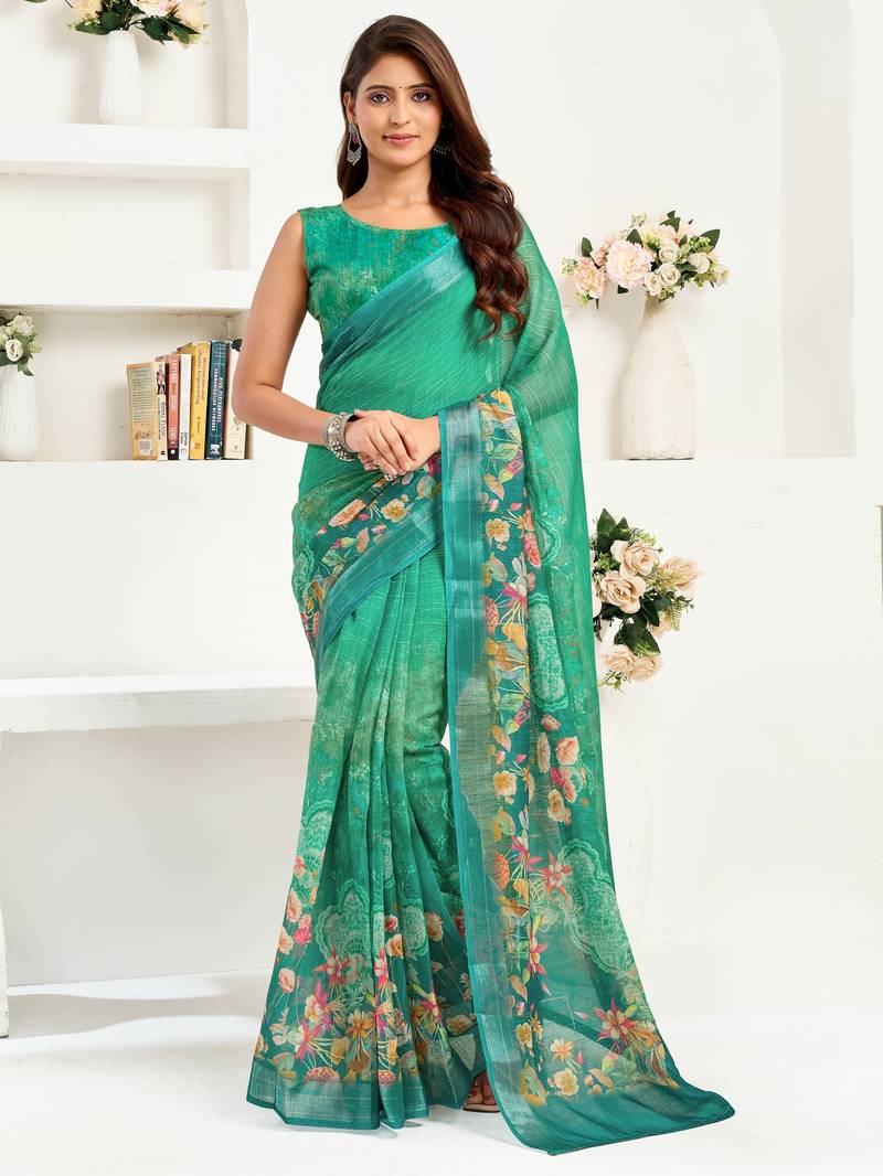 teal green lilen print work designer party wear festive 1 minute ready to wear saree with unstitched blouse piece