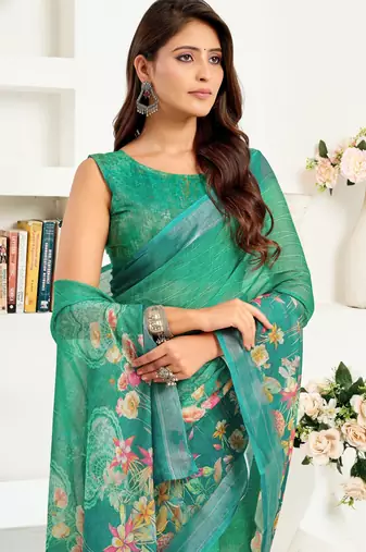 teal green lilen print 1 minute ready to wear saree with unstitched blouse piece