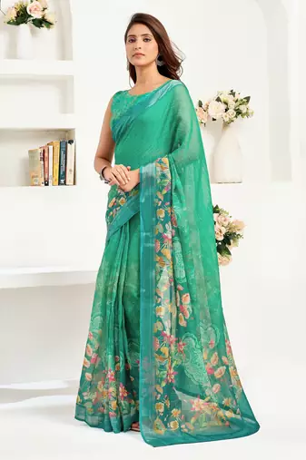 teal green lilen print 1 minute ready to wear saree with unstitched blouse piece