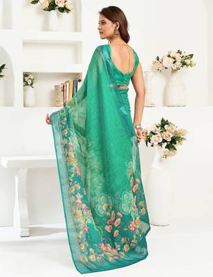 teal green lilen print 1 minute ready to wear saree with unstitched blouse piece 4