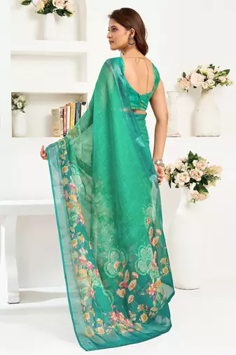 teal green lilen print 1 minute ready to wear saree with unstitched blouse piece