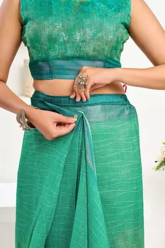 teal green lilen print 1 minute ready to wear saree with unstitched blouse piece