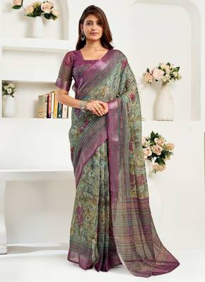 sea green lilen print 1 minute ready to wear saree with unstitched blouse piece 1